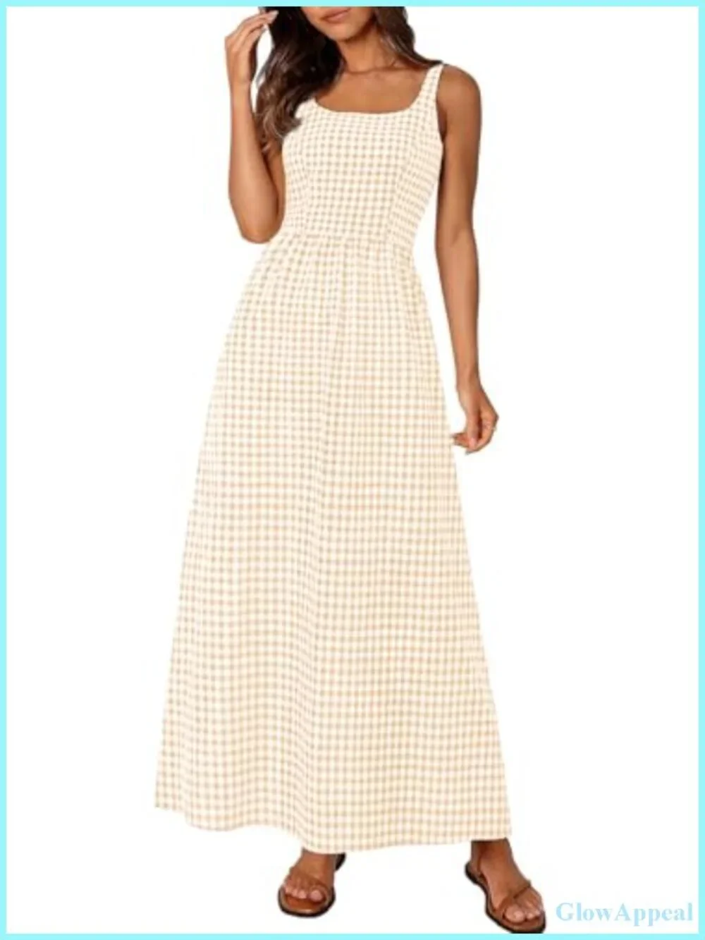 Spaghetti Strap Maxi Dress Plaid Square Neck A-Line Beach Vacation Sundress